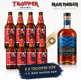   Trooper Csomag (8xTrooper Ale sör 4,7% 0,5 L üveges+ 1 Iron Maiden rum  40% 0,7 l)